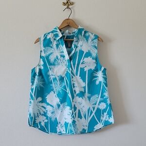 Chico's Aqua White Palm Print Sleeveless Popover Blouse Size Large